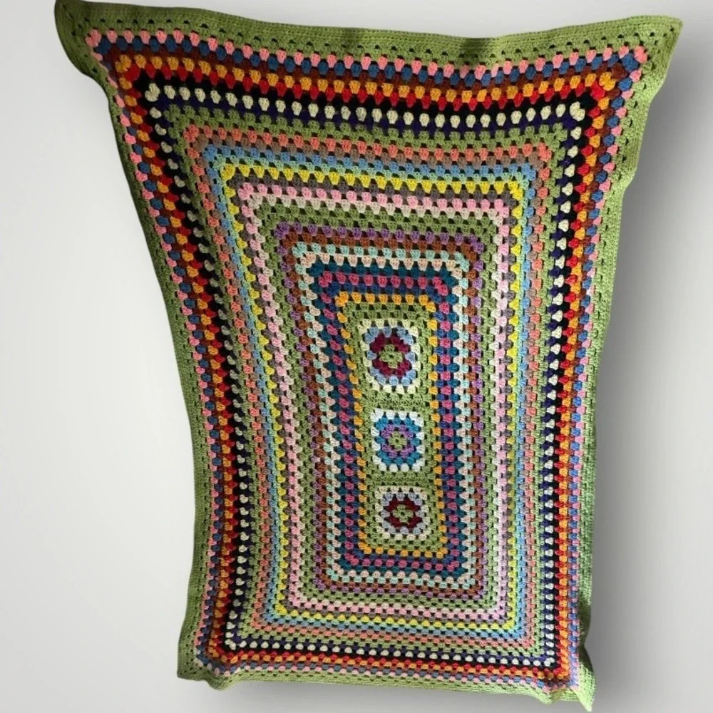 Crochet Granny Square Blanket Green Retro Hand Knit Afghan Cottagecore Eclectic